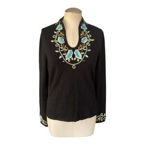 CABO Black Floral Embroidered Blouse L Stretchy Boho